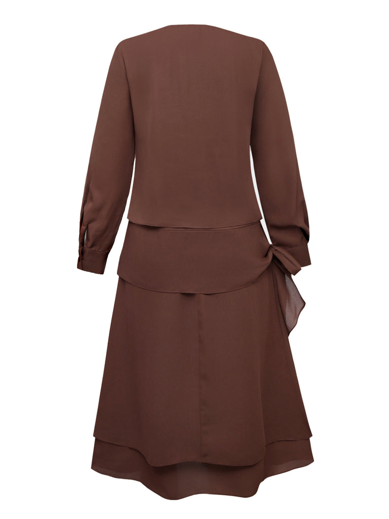Vintage 1920s Brown Drop-Waist Flapper Dress | Long Sleeve Pussy Bow Neck Tie Modest Dress Vintage 1920s Brown Drop-Waist Flapper Dress | Long Sleeve Pussy Bow Neck Tie Modest Dress