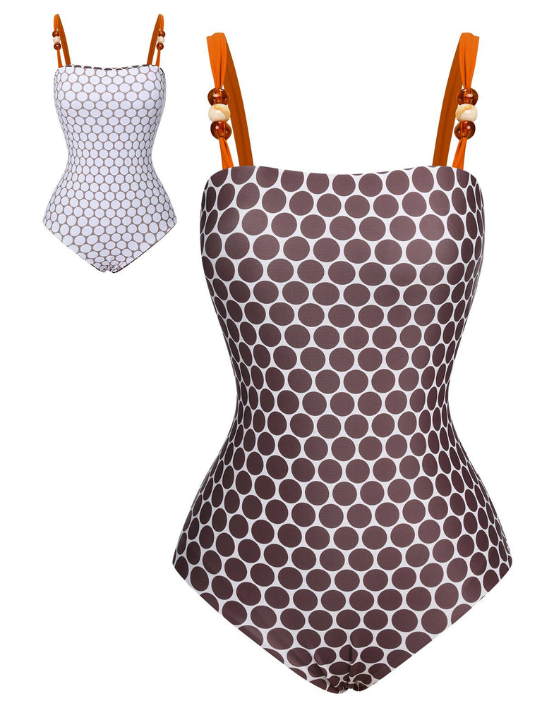 Brown 1930s Beads Straps Polka Dots Reversible Swimsuit, vintage swimsuit, pin-up swimwear - perfect for women who love vintage and retro fashion