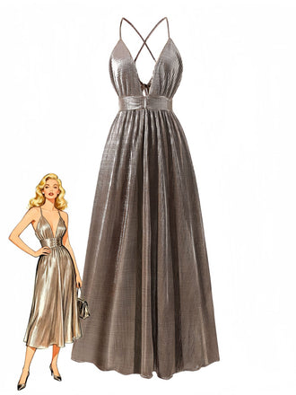 Brown 1930s Deep V Metallic Cut-Out Maxi Dress - vintage dress, retro fashion