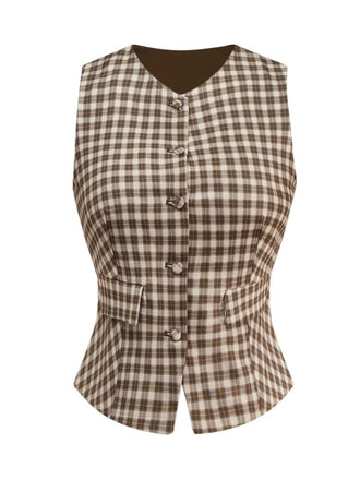 Brown 1930s Gingham Plaids Vest - vintage fashion, retro style