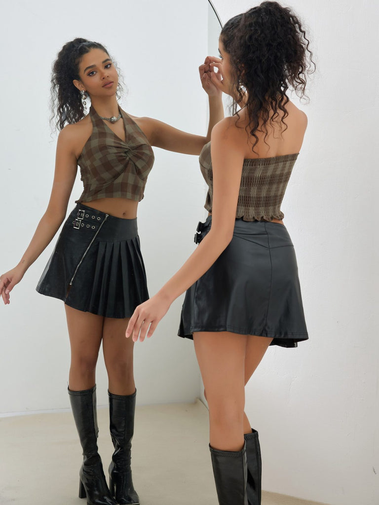 Brown 1930s Halter Gingham Plaid Smocked Crop Top - vintage fashion, retro style