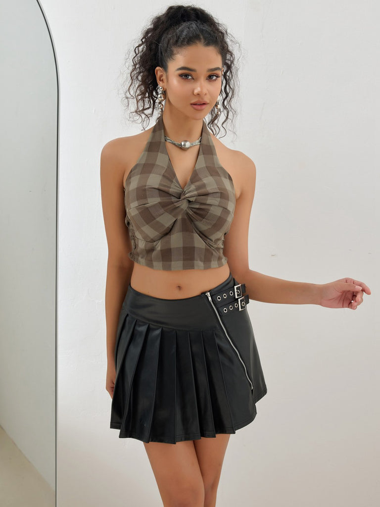 Brown 1930s Halter Gingham Plaid Smocked Crop Top - vintage fashion, retro style