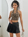 Brown 1930s Halter Gingham Plaid Smocked Crop Top - vintage fashion, retro style