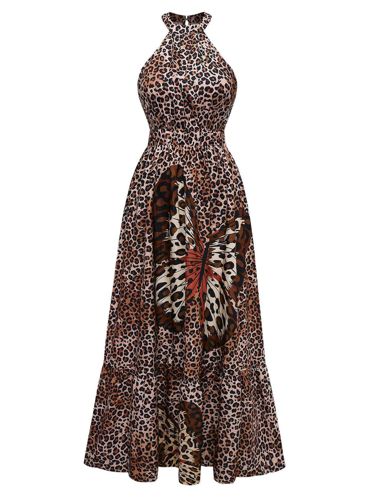She slips into this Brown 1930s Leopard Butterfly Round Halter Dress and suddenly it's a 1930s daydream