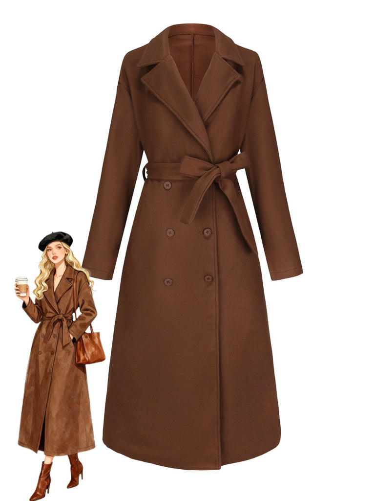 Brown 1930s Notched Collar Faux-Wool Long Coat | Retro Stage