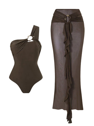 Brown 1930s Mesh Sheer One Piece Bikini Set