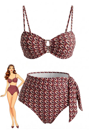 Brown-1940s-Chain-Print-High-Waist-Bikini-Set, vintage, retro, swimwear