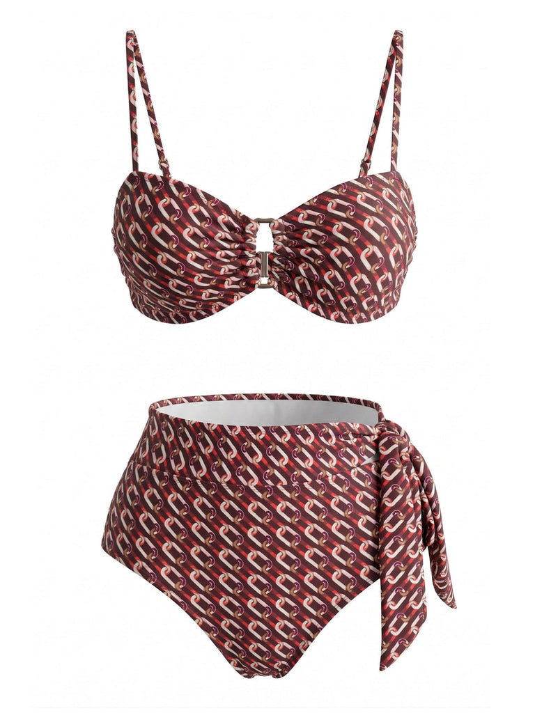 Brown-1940s-Chain-Print-High-Waist-Bikini-Set, vintage, retro, swimwear
