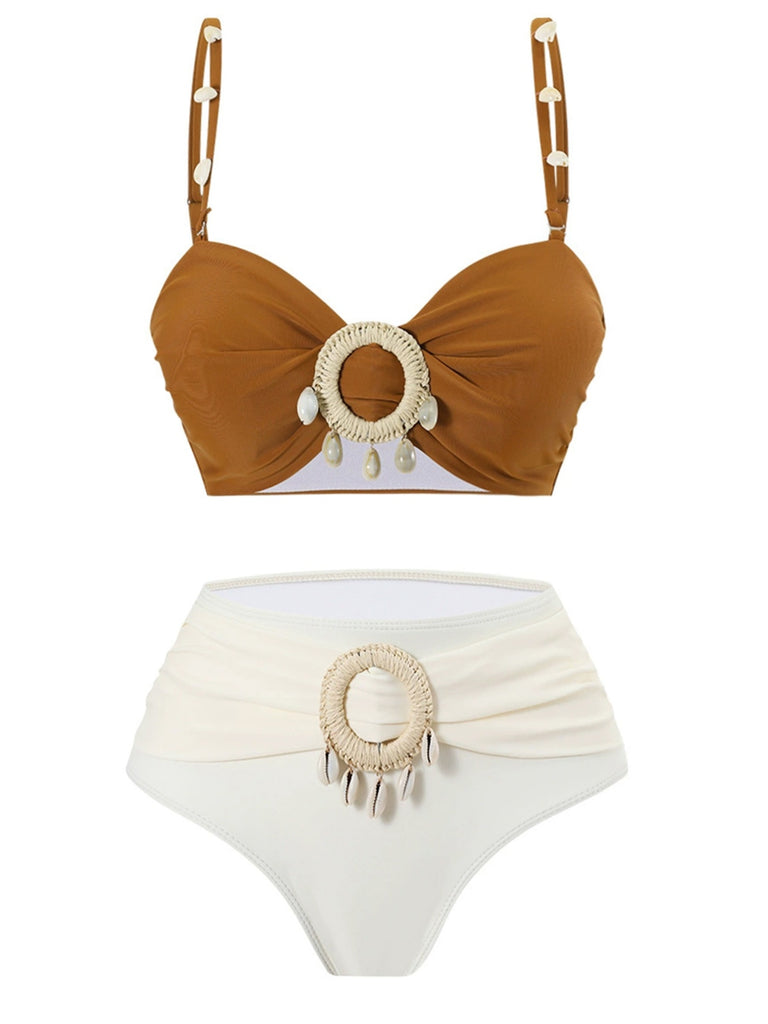 Brown 1940s Colorblock Boho Seashell Bikini Set - vintage fashion, retro style
