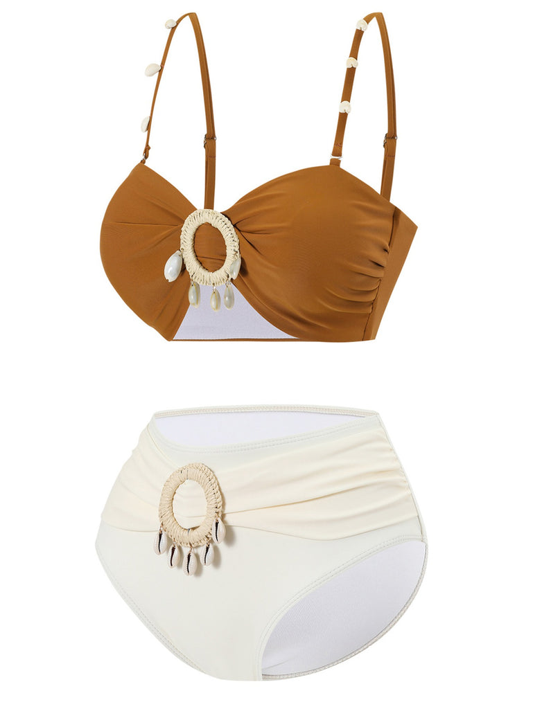 Brown 1940s Colorblock Boho Seashell Bikini Set - vintage fashion, retro style