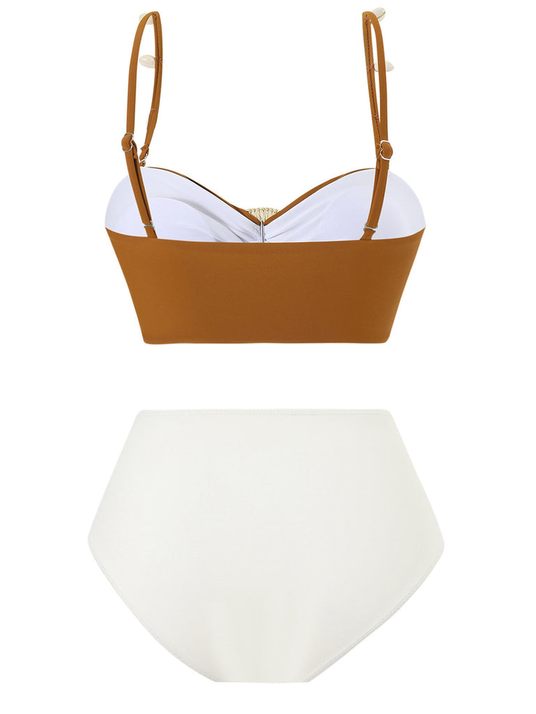 Brown 1940s Colorblock Boho Seashell Bikini Set - vintage fashion, retro style
