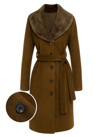 Brown 1940s Fur Collar Belted Coat - vintage fashion, retro style