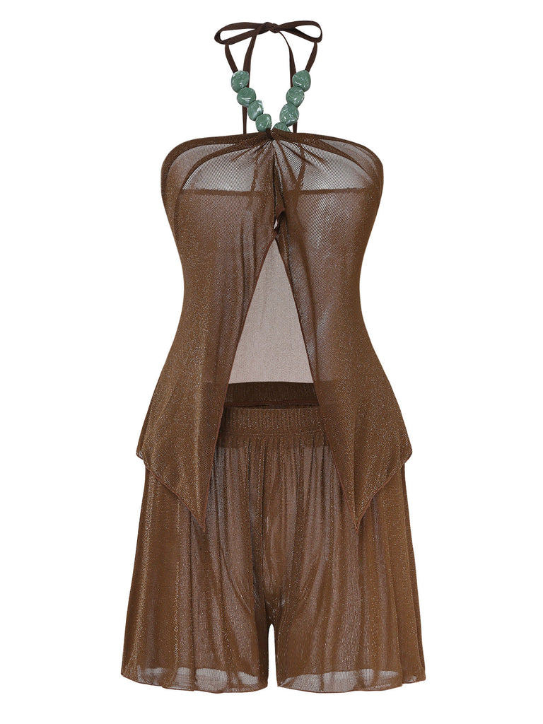 Brown 1940s Halter Solid Cover Up Set - vintage fashion, retro style