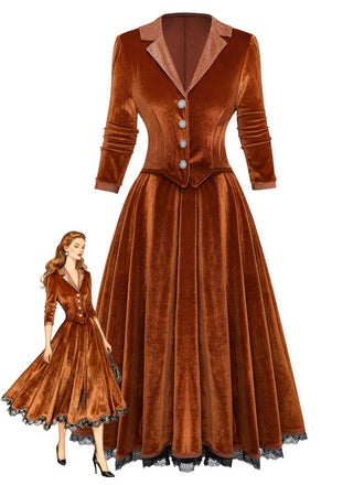 Brown 1940s Lapel Velvet Mock Two-Piece Solid Dress - vintage dress, retro fashion