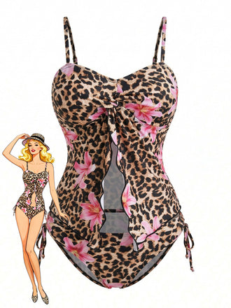 Brown 1940s Leopard Floral Print Front Cutout Tankini Set - vintage fashion, retro style, classic elegance for vintage lovers