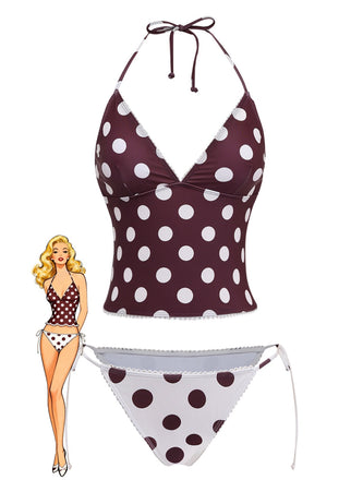 Brown 1940s Polka Dot Deep-V Halter Tankini Set - vintage fashion, retro style
