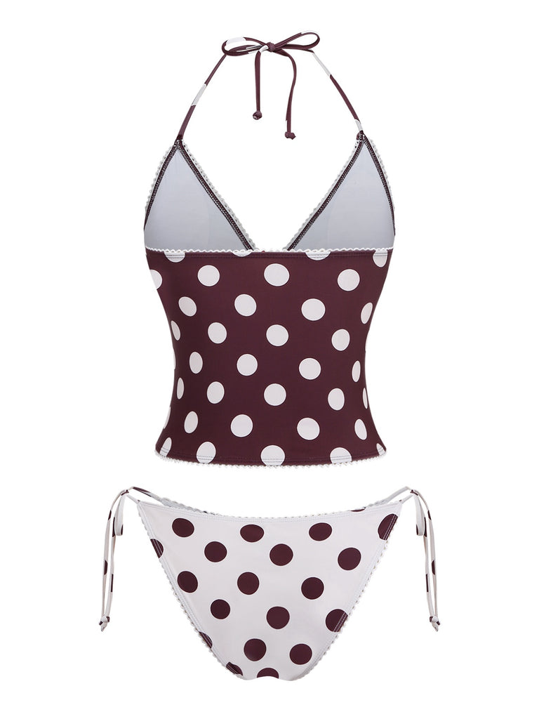 Brown 1940s Polka Dot Deep-V Halter Tankini Set - vintage fashion, retro style