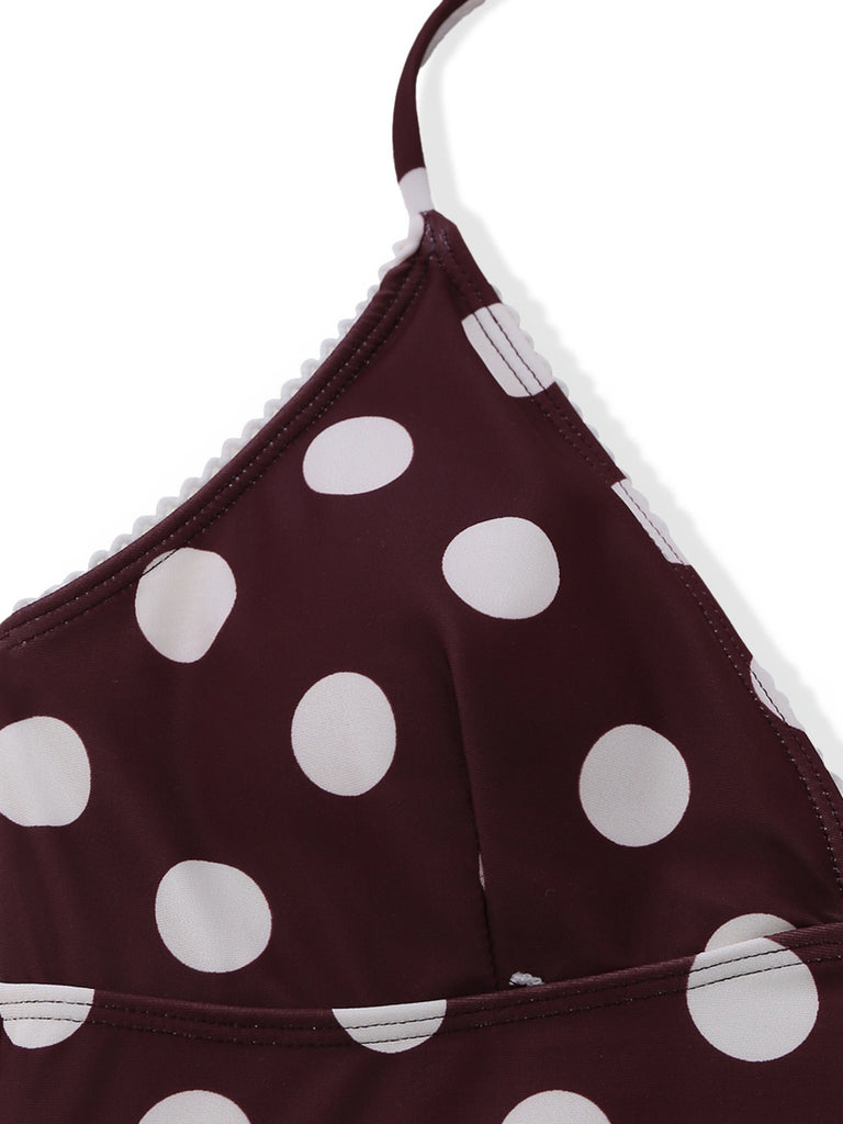 Brown 1940s Polka Dot Deep-V Halter Tankini Set - vintage fashion, retro style