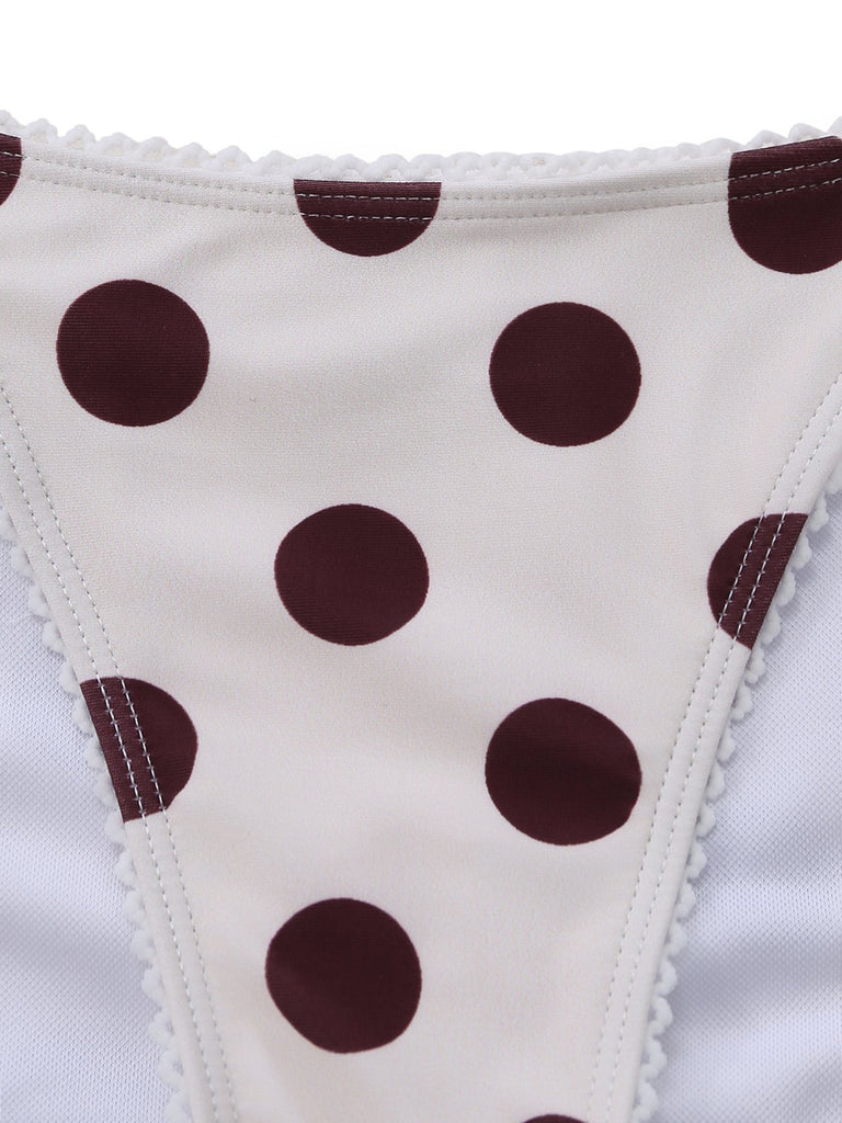 Brown 1940s Polka Dot Deep-V Halter Tankini Set - vintage fashion, retro style