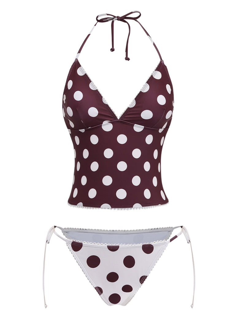 Polka dot bikini set with a brown and white pattern on a white background