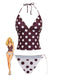 Polka dot swimsuit set with a vintage-style illustration of a woman on a white background
