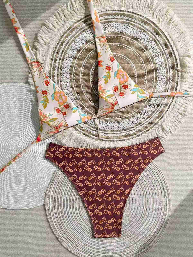 Brown 1940s Reversible Flower Halter Bikini Set, vintage swimsuit, pin-up swimwear, retro beach style, women, elegant