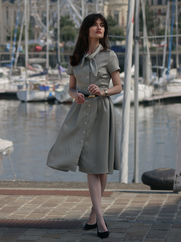 Brown 1940s Small Windowpane Plaid Dress - vintage dress, retro fashion