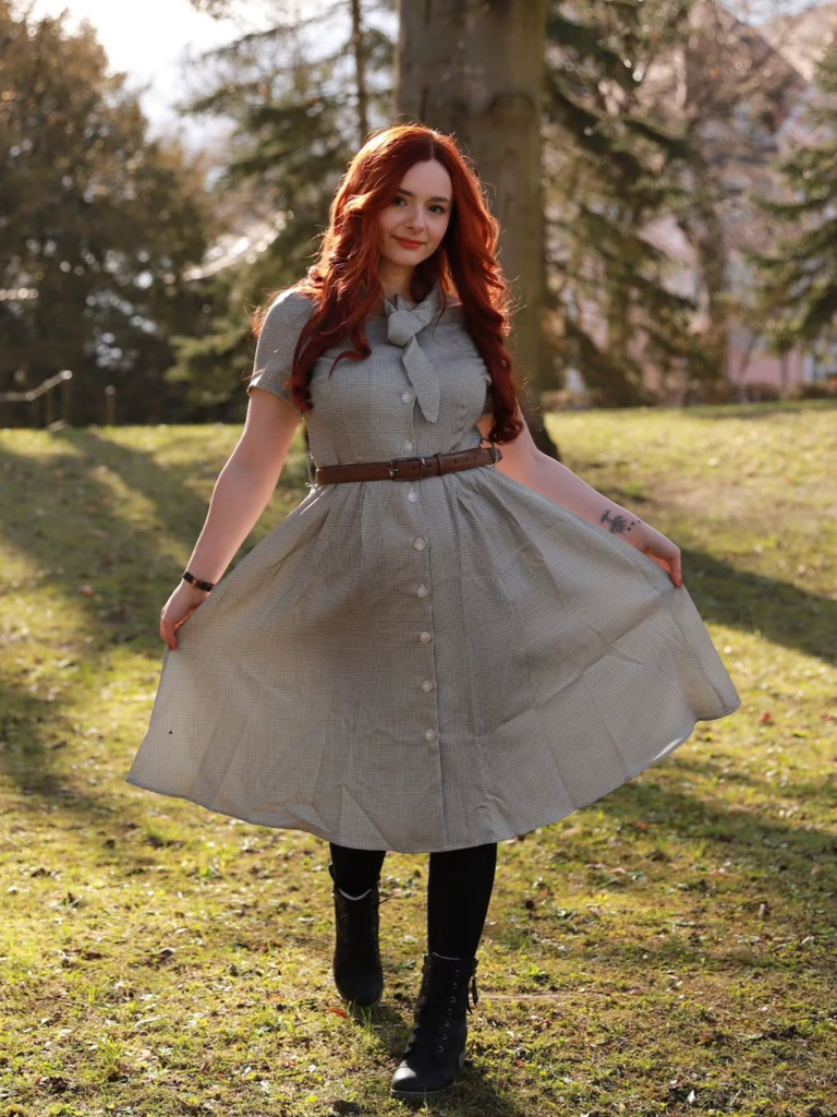 Brown 1940s Small Windowpane Plaid Dress - vintage dress, retro fashion for women
