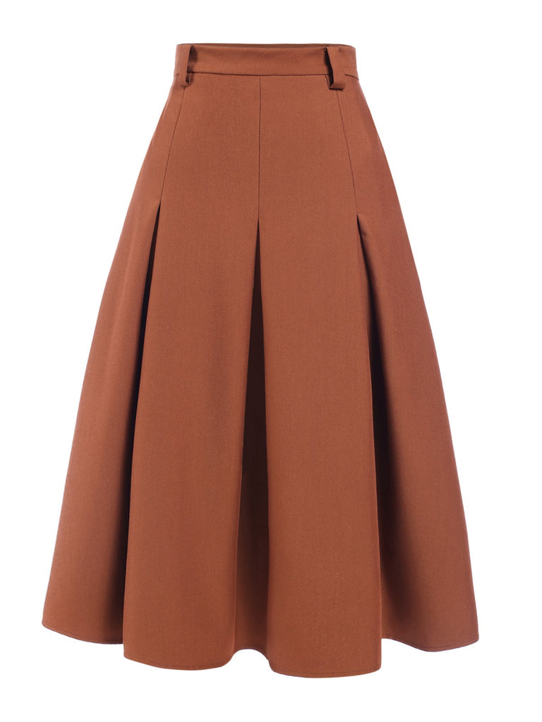 Brown 1940s Solid A-Line Pleated Skirt: 1940s grace for the woman who dances through life
