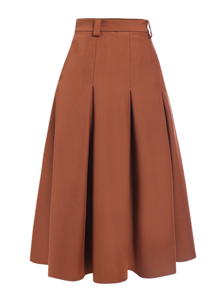 This Brown 1940s Solid A-Line Pleated Skirt spins 1940s stories with every step