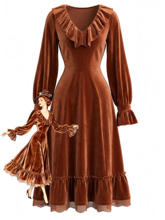 Brown 1940s Solid Corduroy Lace Ruffled Dress - vintage dress, retro fashion