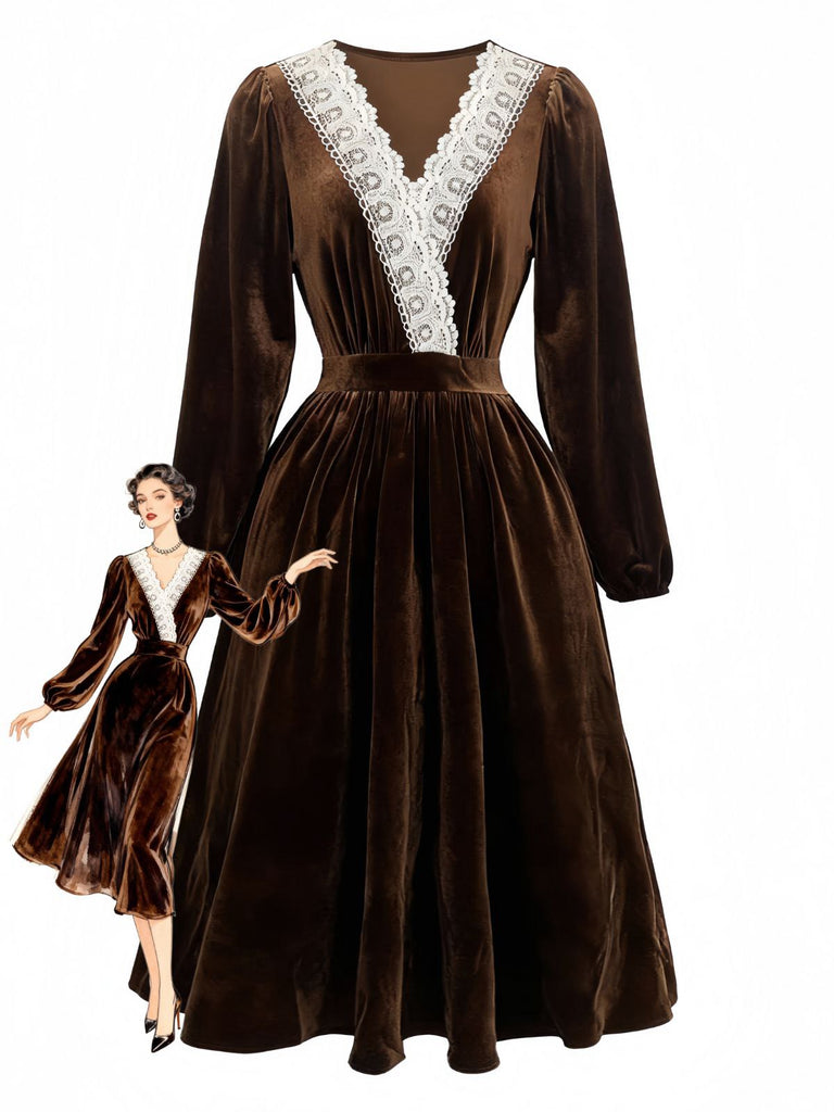 Vintage 1940s Elegant Lace Patchwork Velvet Midi Dress Brown Vintage 1940s Elegant Lace Patchwork Velvet Midi Dress Brown