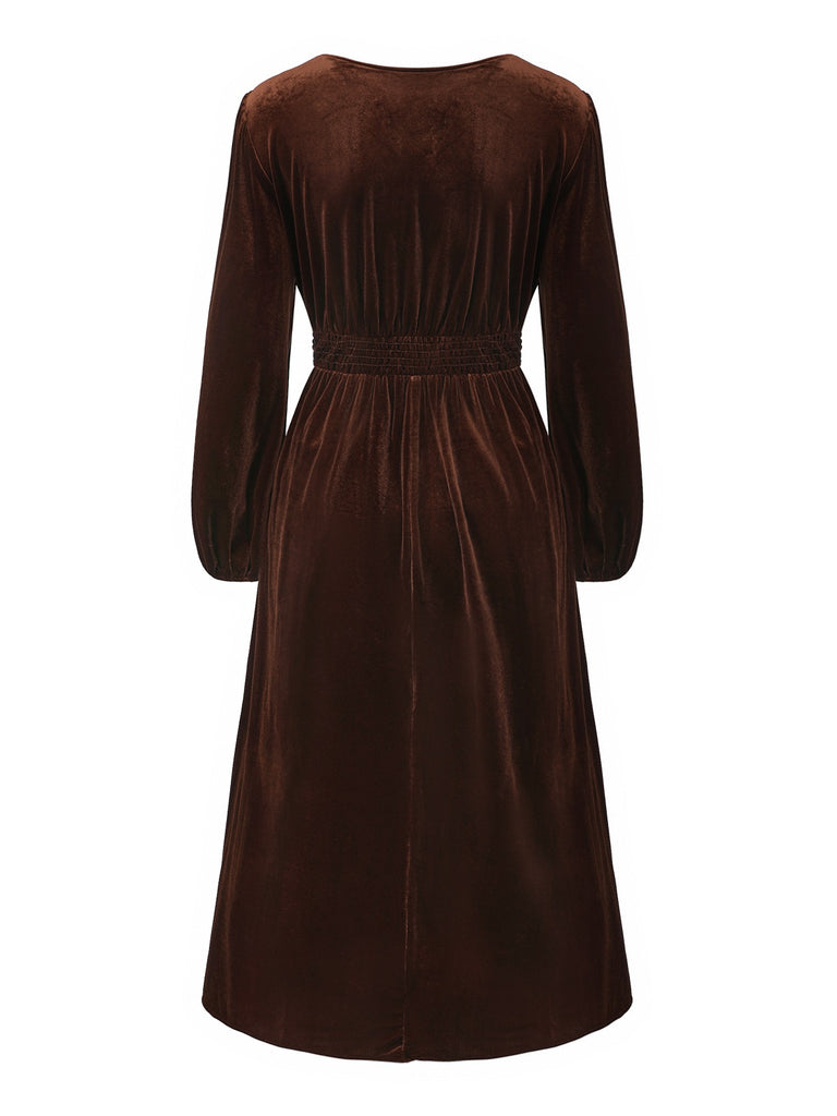 Brown 1940s Solid Lace Patchwork Velvet Dress - vintage dress, retro fashion