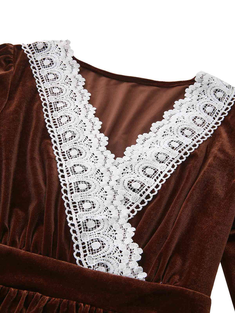 Brown 1940s Solid Lace Patchwork Velvet Dress - vintage dress, retro fashion
