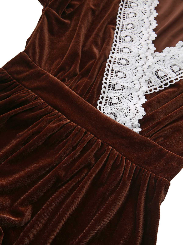 Vintage 1940s Elegant Lace Patchwork Velvet Midi Dress Brown Vintage 1940s Elegant Lace Patchwork Velvet Midi Dress Brown