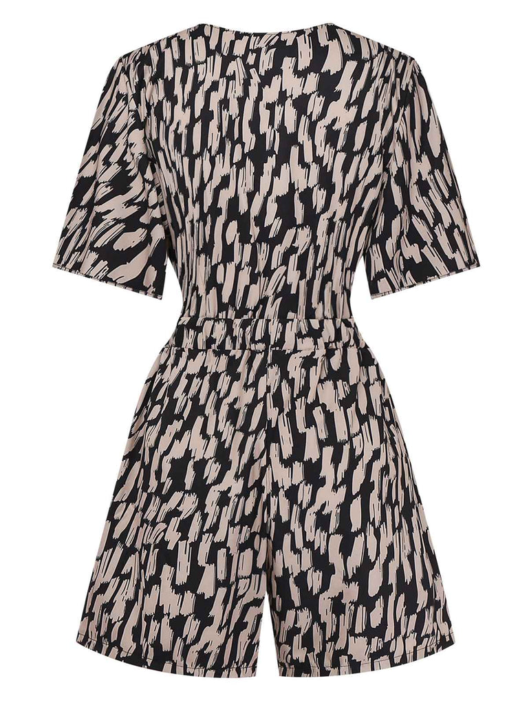 Brown 1940s V-Neck Leopard Satin Bind Romper - vintage jumpsuit, retro fashion
