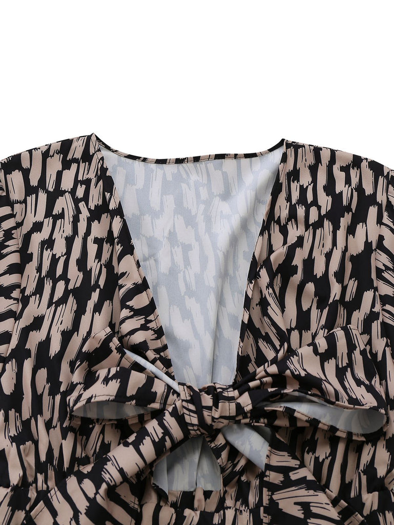 Brown 1940s V-Neck Leopard Satin Bind Romper - vintage jumpsuit, retro fashion