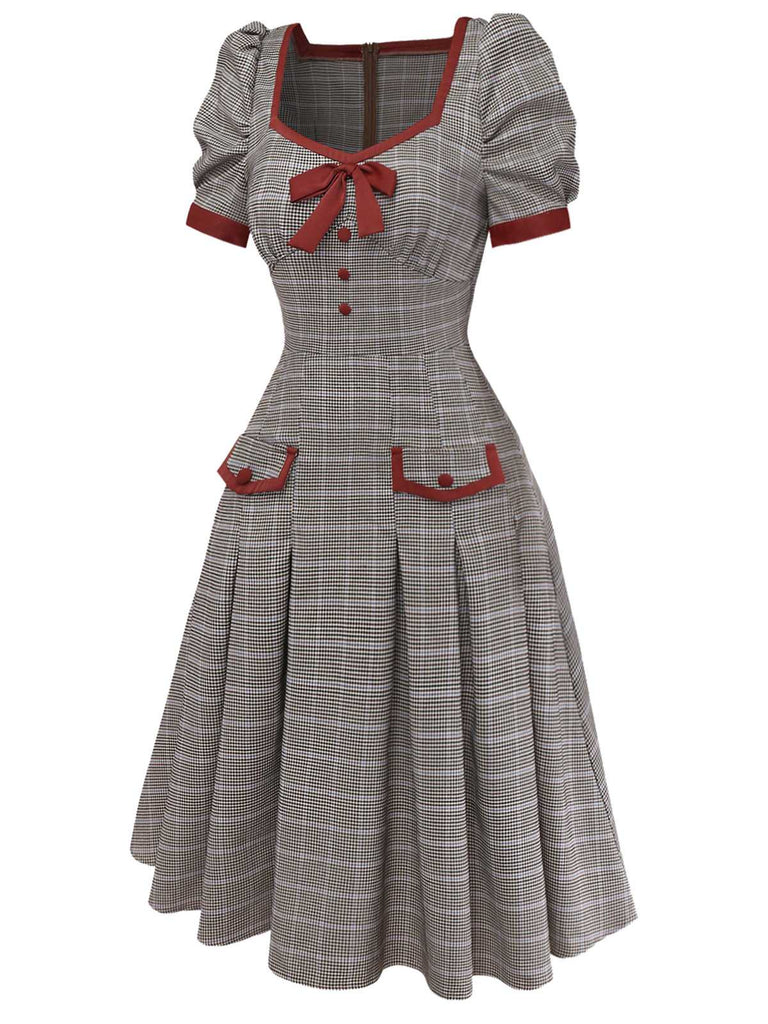 Vintage 1950s Grey Plaid Puff Sleeve A-Line Midi Dress with Red Trim Vintage 1950s Grey Plaid Puff Sleeve A-Line Midi Dress with Red Trim