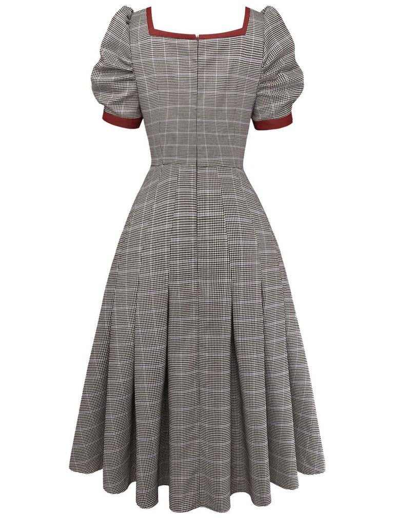 Vintage 1950s Grey Plaid Puff Sleeve A-Line Midi Dress with Red Trim