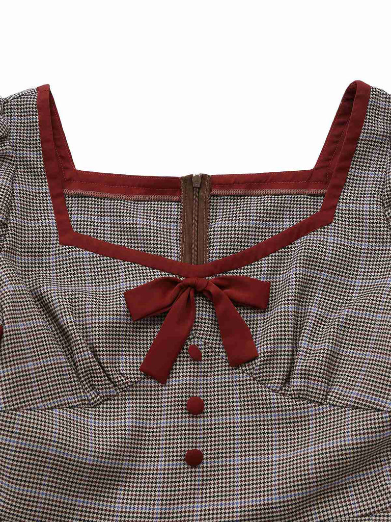 Vintage 1950s Grey Plaid Puff Sleeve A-Line Midi Dress with Red Trim