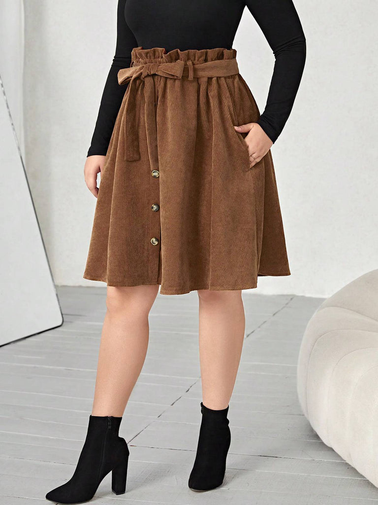 Brown 1950s Corduroy Buttoned Skirt With Belt - vintage skirt, retro style