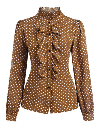 Brown 1950s Dots Ruffle Stand Collar Blouse, vintage top, retro blouse - perfect for women who love vintage and retro fashion