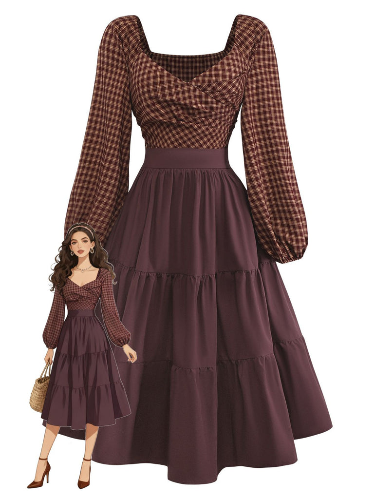 Brown 1950s Gingham Lace-Up Backless Tiered Dress - vintage dress, retro fashion, rockabilly