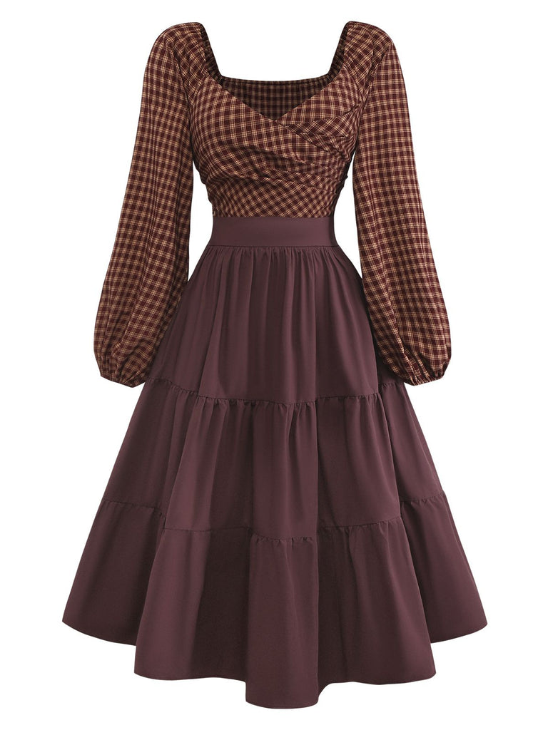 Brown 1950s Gingham Lace-Up Backless Tiered Dress - vintage dress, retro fashion, rockabilly