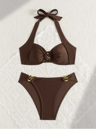 Brown 1950s Golden Ring Halter Bikini Set - vintage fashion, retro style, glamorous gold