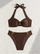 Brown 1950s Golden Ring Halter Bikini Set - vintage fashion, retro style, glamorous gold