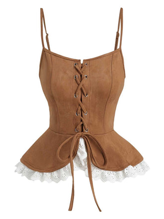 Brown 1950s Lace-up Suede Lace Corset Top - vintage fashion, retro style
