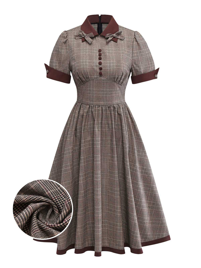 Brown 1950s Lapel Plaid Bow Dress