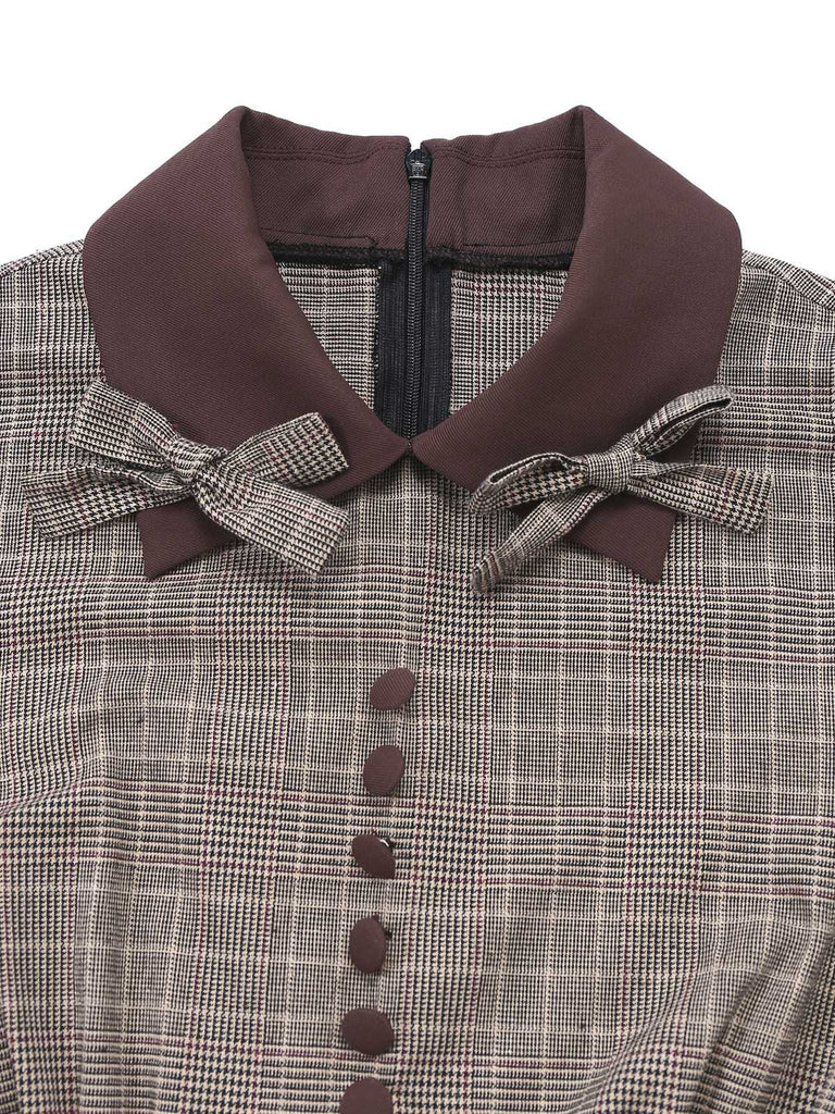 Brown 1950s Lapel Plaid Bow Dress - vintage dress, retro fashion, rockabilly