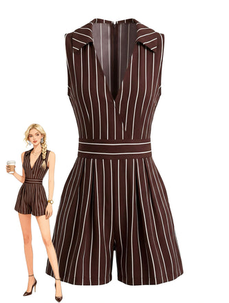 Brown 1950s Lapel Striped Tie-Back Sleeveless Romper, vintage romper, retro jumpsuit - perfect for women who love vintage and retro fashion